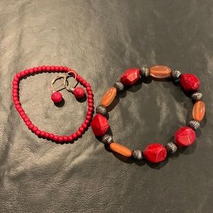 Costume set of two bracelets and earrings (pierced ears) red tones